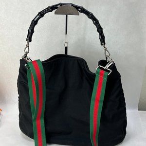 Gucci Black Bamboo Nylon Classic Vintage Hand Cross Body Bag w/COA